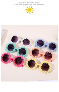 Detailed view of kids daisy sunglasses in six assorted macaron colors on beige background