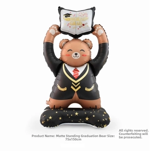 Detail view of 150cm standing graduation bear balloon with gold diploma and cap