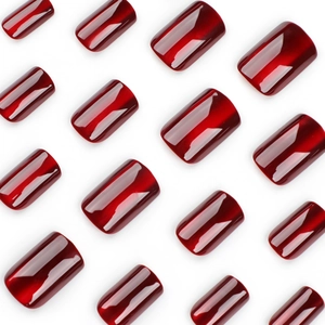 Glossy blood red cat-eye square short press-on nails set with multiple sizes on white