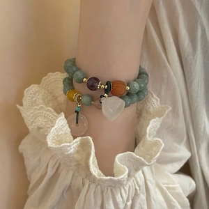 Beaded Bracelet Chalcedony Agate Stones Lotus Pod Peace Buckle Charms Retro Chinese Style Elegant Jewelry For Women