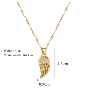 Detailed dimensions of gold wing pendant necklace with clear crystals and weight specs