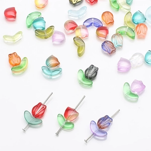 Colorful gradient glass tulip flower and leaf beads for DIY jewelry making and crafts