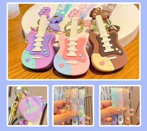 Three-piece silicone guitar keychain set with Rock and Roll wristbands and guitar picks