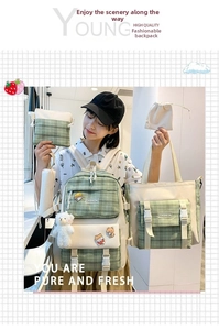 5-in-1 green plaid canvas school backpack set with tote, crossbody bag, and pencil case