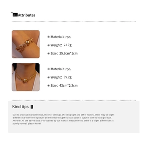 Detailed specs of gold multi-layer iron jewelry set with necklace and bracelet dimensions