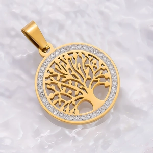 18K gold plated tree of life pendant necklace featuring shimmering white crystals