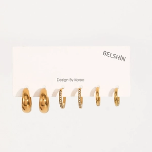 Three-piece set of minimalist 18K gold stainless steel hoop earrings with zircon accents