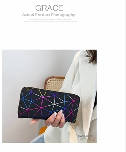Detail of a women's long wallet with laser geometric patterns and a golden zipper handle