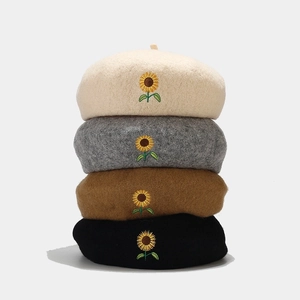 Women's sunflower embroidery wool beret in beige, grey, brown, and black colors