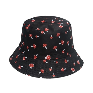 Classic black bucket hat with vibrant red and white mushroom prints for sun protection