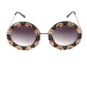 Women's round frame sunglasses with pink marquise crystals and purple gradient lenses