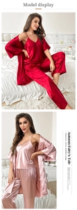 Detailed close-up of three-piece satin sleepwear set showing soft texture and glossy finish