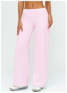 Detail of high-waisted pale pink wide-leg sports pants with wide waistband for support