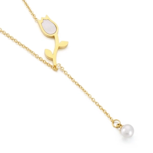 Collier tulipe doré élégant avec fleur en nacre et pendentif perle pour femme