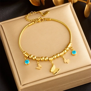 Gold Stainless Steel Butterfly Charm Bracelet For Women Blue Evil Eye Snake Chain Adjustable Retro Fashion Jewelry Gift