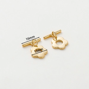Macro detail of 14k gold plated flower OT toggle clasps with 16mm bar and 13mm ring size