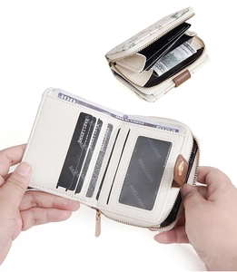 Detail view of the open beige PU leather wallet showing card slots and zipper pocket