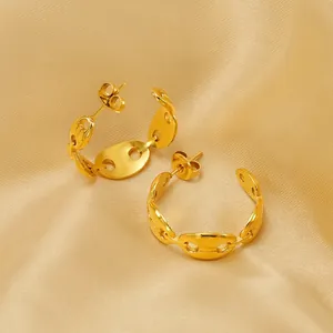 Hoop Earrings Gold Plated Stainless Steel Coffee Bean Mariner Link Geometric Chunky Minimalist Jewelry For Women
