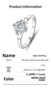 Detailed spec sheet for a 1ct Moissanite S925 sterling silver four-prong engagement ring