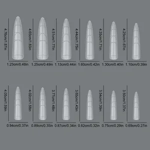 Size chart showing 12 dimensions for long pointed thin nail tip extensions in cm/in