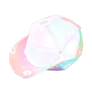 Detail view of the breathable polyester lining and reinforced top rivet on the tie-dye hat