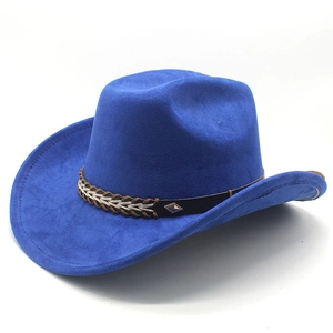 Detailansicht eines hellblauen Wildleder-Cowboyhuts mit schwarzem Lederband und Silberniete