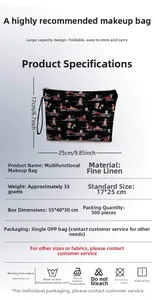 Detailed size specifications for the multi-functional dog print makeup bag in linen