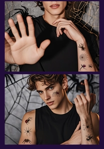 Realistic 3D spider and spiderweb temporary tattoos applied on male arm and face