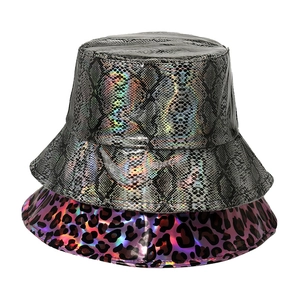 Stack of laser-effect leopard and snake print bucket hats with metallic finish