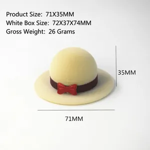 Mini yellow denim hat jewelry box with red bow and stripe detail, size 71x35mm