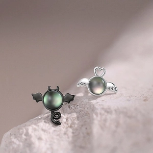 Asymmetric 925 silver angel and demon stud earrings with iridescent gradient beads