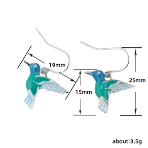Blue gradient hummingbird drop earrings with detailed size dimensions of 15mm by 19mm
