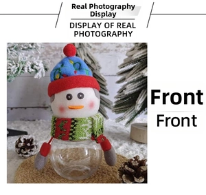 Detail of transparent Christmas snowman candy jar with red knit hat and festive scarf decor
