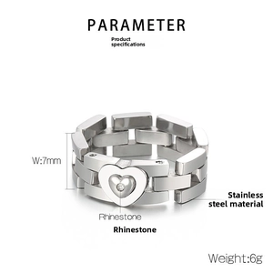 Detail shot of a 7mm heart-shaped stainless steel ring with a sparkling rhinestone inlay