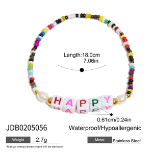 Detailed size and weight specs for colorful beaded HAPPY letter bracelet in stainless steel