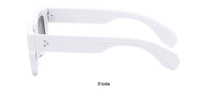 Side view of white thick frame sunglasses with silver rivet accents and wide temples