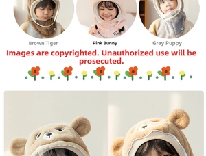 Detail view of plush winter baby hats with detachable PVC face masks and animal ears