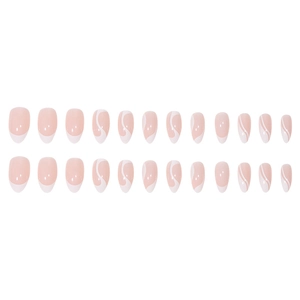 Unghie finte minimaliste French bianche con base rosa nude e motivi a strisce ondulate