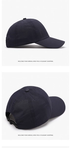 Detail of dark blue breathable mesh baseball cap with adjustable buckle strap