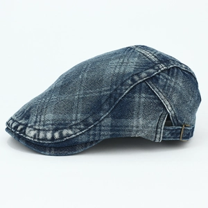 Classic blue washed denim ivy cap with subtle diamond weave and metal adjustable buckle