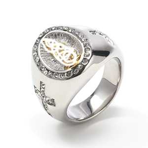 Hip hop vintage Virgin Mary ring in silver stainless steel with sparkling crystals