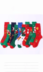 Flat lay of Christmas crew socks with 80% cotton blend and festive holiday patterns