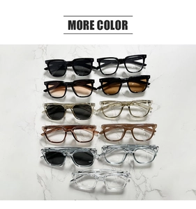 Detailed grid of retro thick square frame sunglasses in multiple color options on marble
