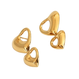 Polished 316 stainless steel earrings with dual heart hollow design in gold finish