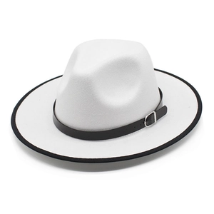White wide brim wool felt boater hat with black leather band and silver buckle