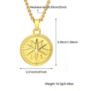 Collier avec pendentif boussole hexagramme en acier plaqué or 18 carats, chaîne 55cm