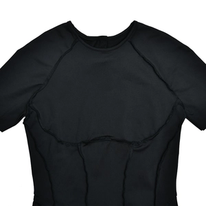 Detail of black slim-fit bodysuit with contrast stitching and matte texture
