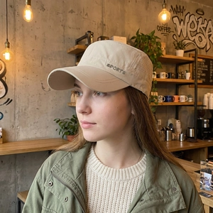 Beige flat top cadet cap with SPORTS embroidery and breathable holes for outdoor sports