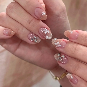 Elegant Pink Gradient Press On Nails With White Flower Rhinestone Decorative Short Round Artificial Fake Fingernails For Women