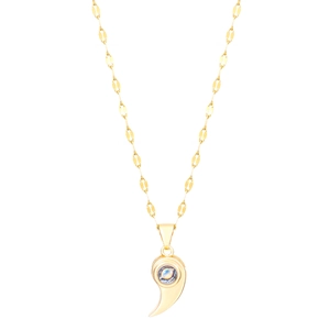 Detail of gold horn necklace with iridescent round bead and oval link chain on white background